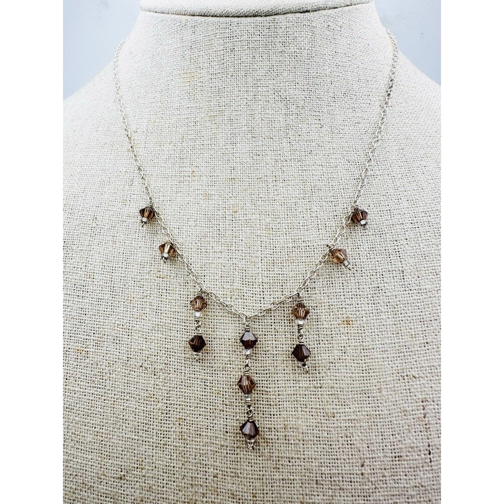 925 Sterling Silver Brown Crystal Necklace 16”